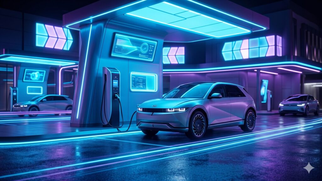 Hyundai Ioniq 5 charging at a futuristic EV