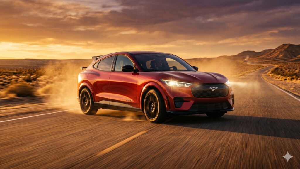 Sporty Ford Mustang Mach-E accelerating