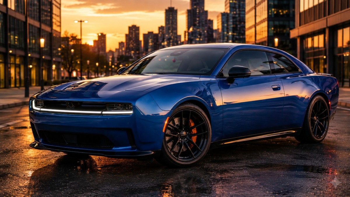 2027 Dodge Charger Daytona Scat Pack EV parked on a road showcasing its electric muscle car design and performance styling.