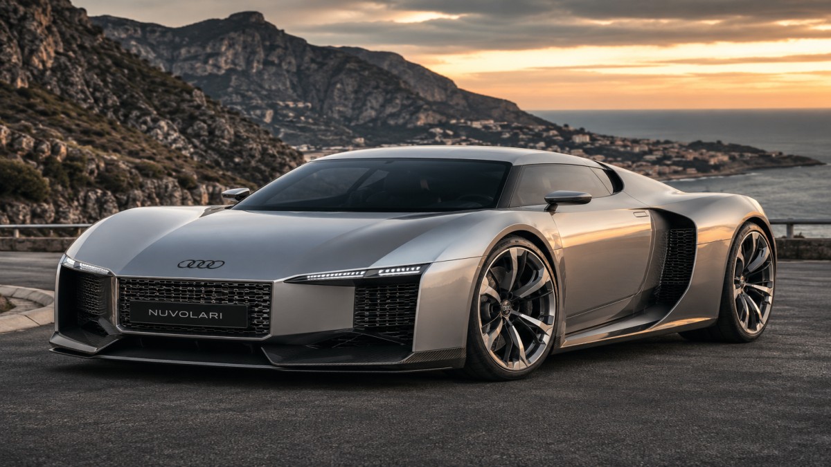 Audi Nuvolari hybrid supercar with 1001bhp parked on a coastal road showcasing futuristic design and carbon fiber bodywork