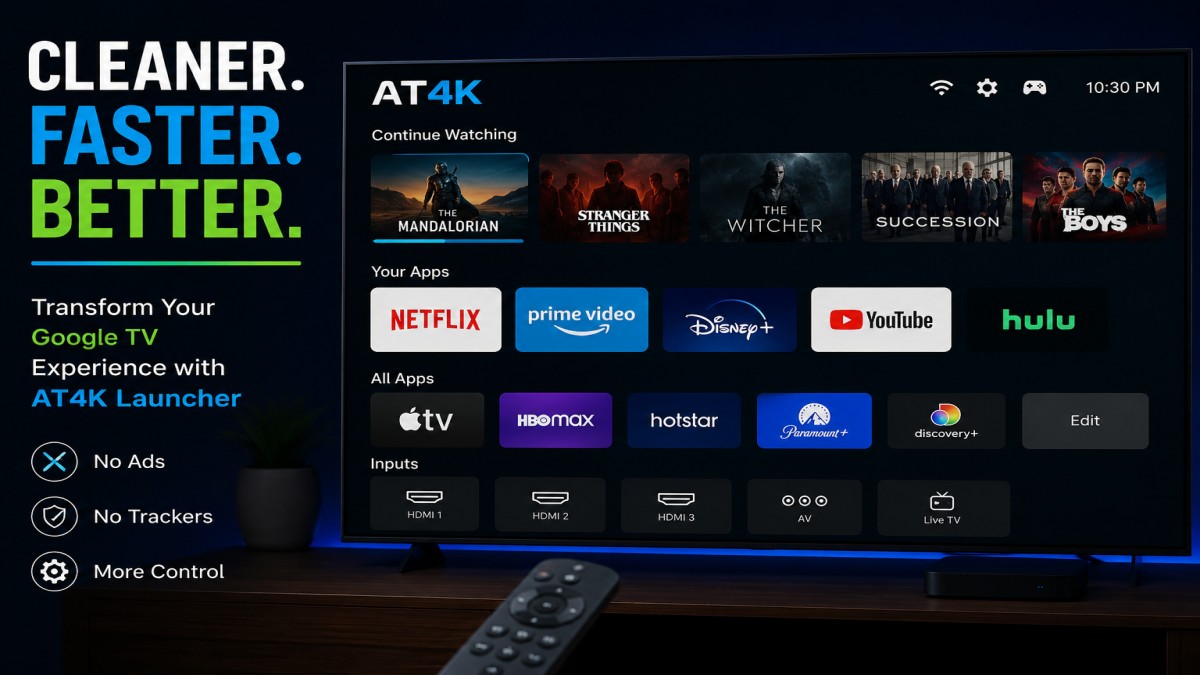AT4K launcher providing a clean and customizable Google TV home screen experience without ads.