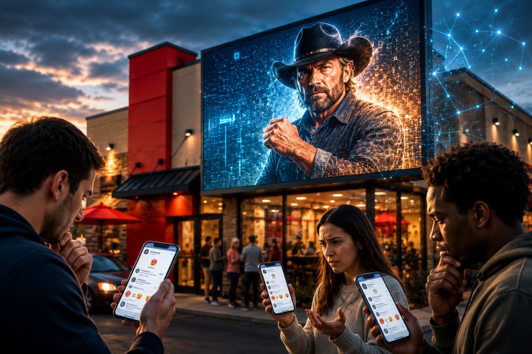 AI-generated Chuck Norris featured in Raising Cane's advertising campaign promoting National Chicken Finger Day.