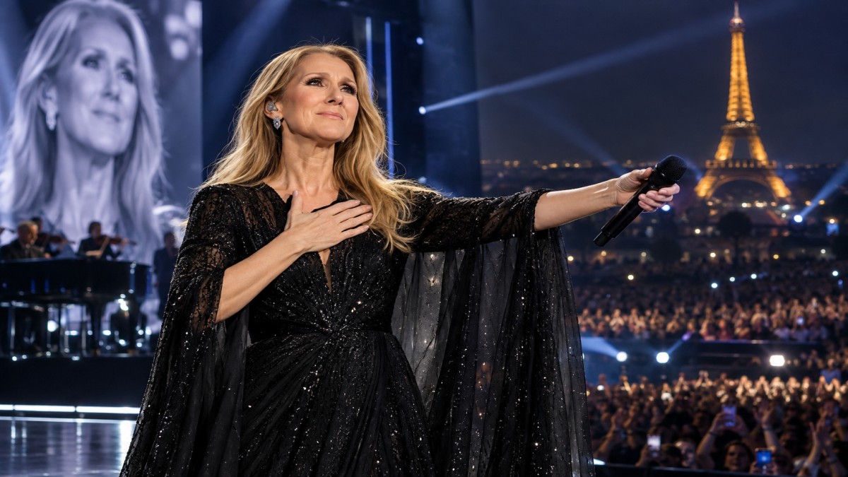 Celine Dion performing on stage during her Paris comeback concert