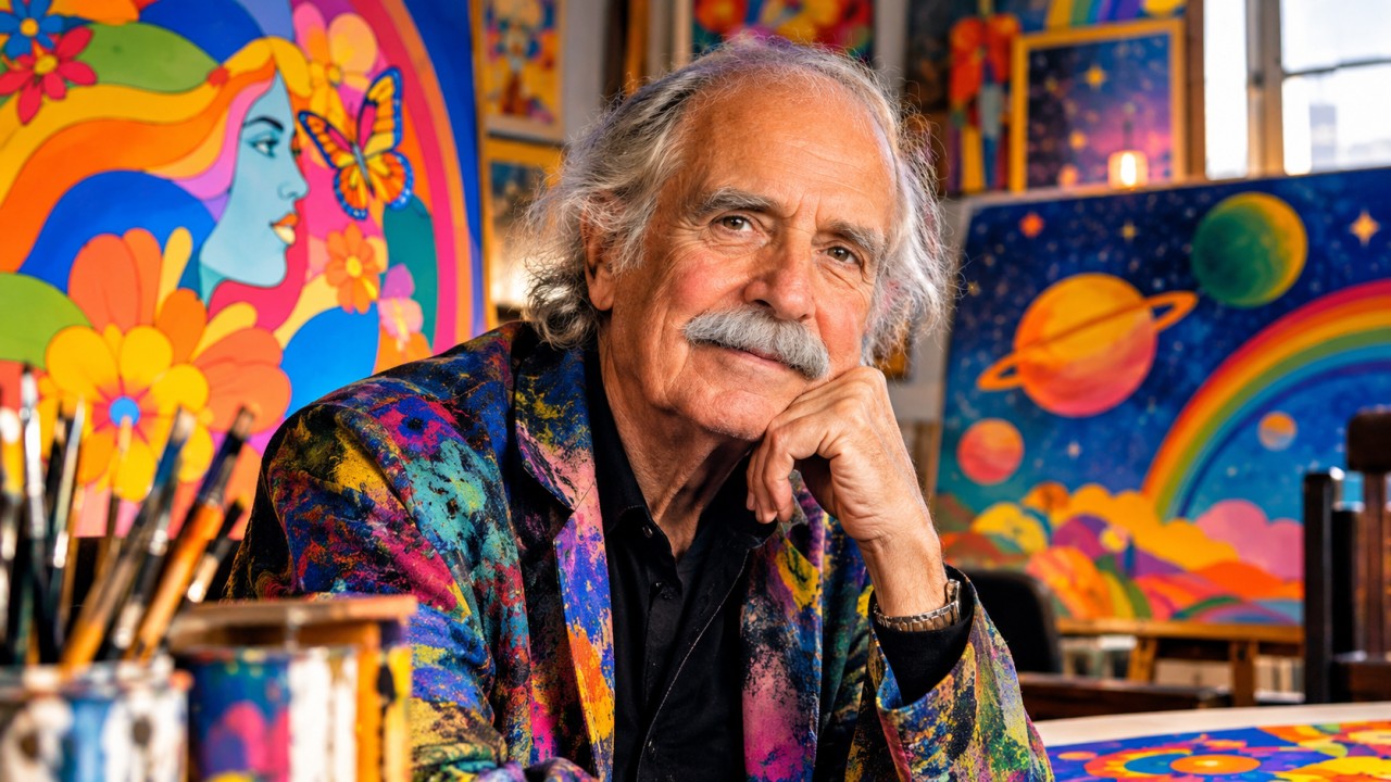 Peter Max psychedelic art icon surrounded by colorful cosmic artwork